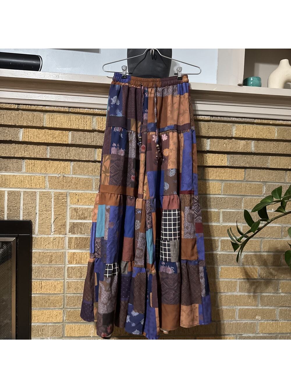 Romwe Womens Wide Leg Pants M Multicolor Patchwork Boho Elastic Waist Indie